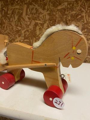 Folk Art Vintage Wooden Pull-Along Toy Horse and Cart