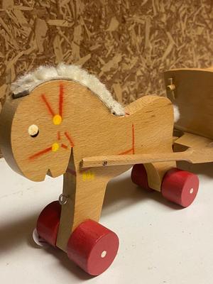 Folk Art Vintage Wooden Pull-Along Toy Horse and Cart