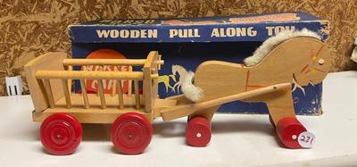 Folk Art Vintage Wooden Pull-Along Toy Horse and Cart