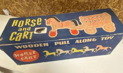 Folk Art Vintage Wooden Pull-Along Toy Horse and Cart