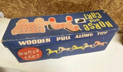 Folk Art Vintage Wooden Pull-Along Toy Horse and Cart