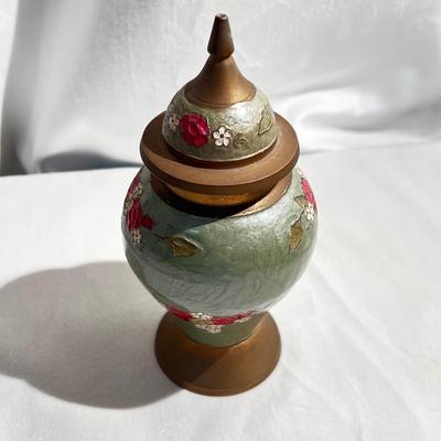 VTG Urn Ginger Jar & Lid Enameled Floral Design Solid Brass Made in India