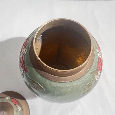 VTG Urn Ginger Jar & Lid Enameled Floral Design Solid Brass Made in India