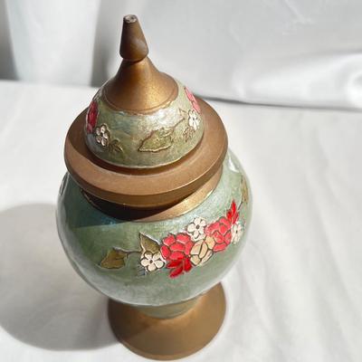 VTG Urn Ginger Jar & Lid Enameled Floral Design Solid Brass Made in India
