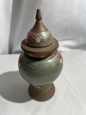VTG Urn Ginger Jar & Lid Enameled Floral Design Solid Brass Made in India