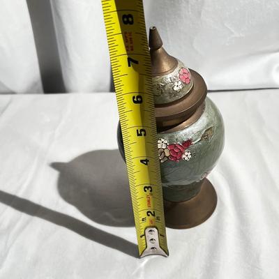 VTG Urn Ginger Jar & Lid Enameled Floral Design Solid Brass Made in India