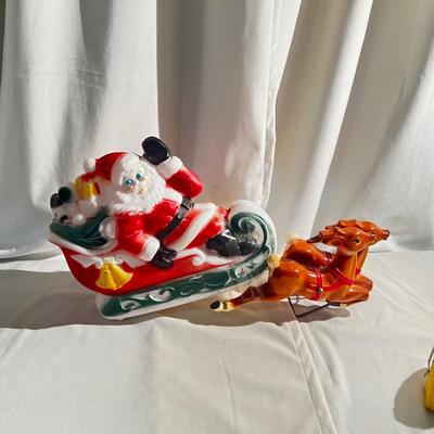 Vintage 1970 Santa's Sleigh and 2 Reindeer Lighted Blow Mold Table Top it needs light Bulb