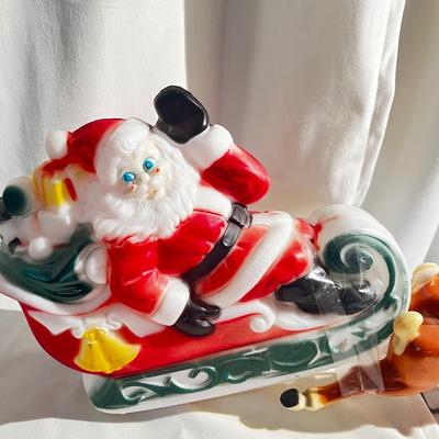 Vintage 1970 Santa's Sleigh and 2 Reindeer Lighted Blow Mold Table Top it needs light Bulb