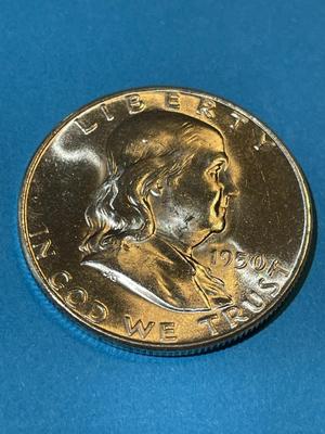 1950-P CHOICE BU FULL BELL LINES FRANKLIN SILVER HALF DOLLAR.