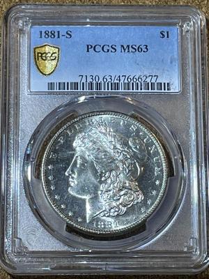 PCGS CERTIFIED 1881-S MS63 (PROOF LIKE NOT ATTRIBUTED) MORGAN SILVER DOLLAR AS PICTURED.