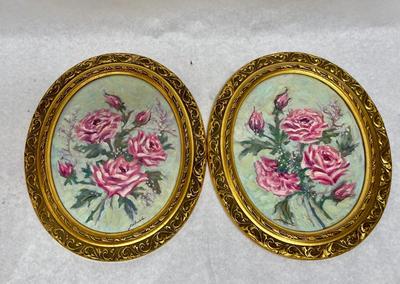 Framed Oval Paintings Pink Roses on green background with gold gilt frames signed Gabriele