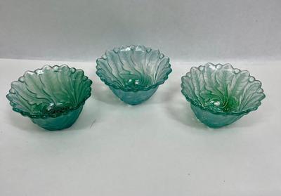 3 Small Glass Bowls - Indiana Glass Wild Rose Green swirl pattern