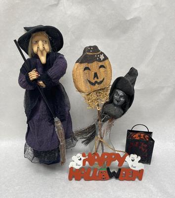 Halloween Lot - Witch, Sign, Candle Holder, Yard Stick Decor in glass vase
