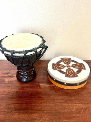 African Carved Hand Drum & Irish Kilkenny Cross Design Irish Bodhran