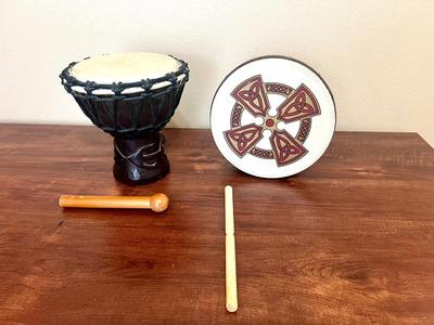 African Carved Hand Drum & Irish Kilkenny Cross Design Irish Bodhran