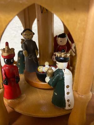 Vintage SILVESTRI Handcrafted Pyramid with Nativity Wooden, 2-Tier