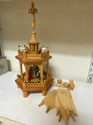 Vintage SILVESTRI Handcrafted Pyramid with Nativity Wooden, 2-Tier