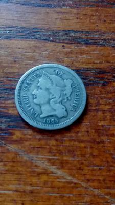 LOT 93 1865 THREE CENT COIN