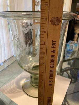 Vintage Exquisite Large Engraved Etched Glass Hand Blown Trifle Footed Bowl or Candle Holder 12.25" Tall in VG Preowned Condition.