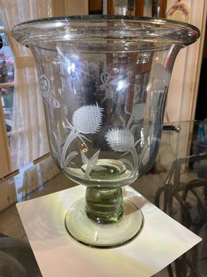 Vintage Exquisite Large Engraved Etched Glass Hand Blown Trifle Footed Bowl or Candle Holder 12.25" Tall in VG Preowned Condition.