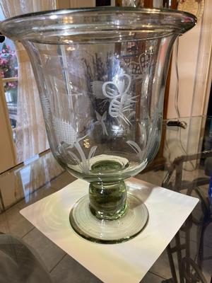Vintage Exquisite Large Engraved Etched Glass Hand Blown Trifle Footed Bowl or Candle Holder 12.25" Tall in VG Preowned Condition.