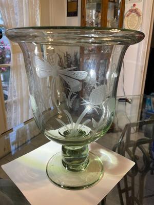 Vintage Exquisite Large Engraved Etched Glass Hand Blown Trifle Footed Bowl or Candle Holder 12.25" Tall in VG Preowned Condition.