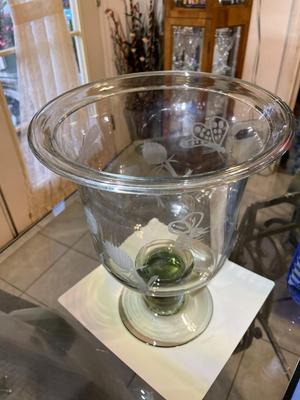Vintage Exquisite Large Engraved Etched Glass Hand Blown Trifle Footed Bowl or Candle Holder 12.25" Tall in VG Preowned Condition.