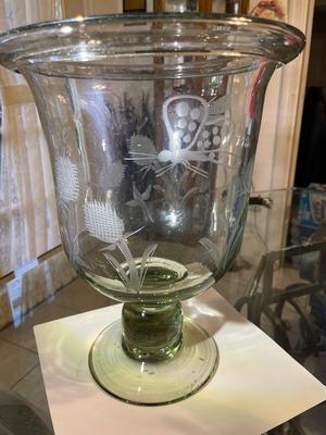 Vintage Exquisite Large Engraved Etched Glass Hand Blown Trifle Footed Bowl or Candle Holder 12.25" Tall in VG Preowned Condition.