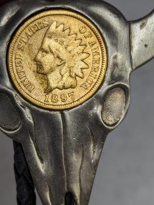 1897 Indian Head Coin On Steer Head Bolo Tie