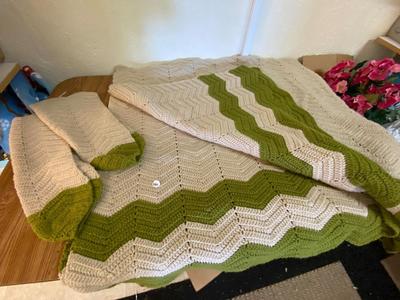 Vintage Beige and Green Crocheted Afghan and Couch Arm Protectors