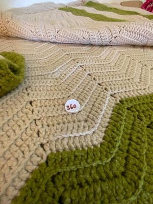 Vintage Beige and Green Crocheted Afghan and Couch Arm Protectors