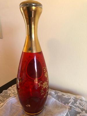 Vintage Murano Red and Gold Leaf Glass Decanter, Vase, and Shot Glasses
