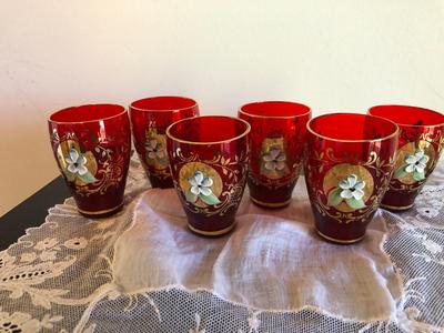 Vintage Murano Red and Gold Leaf Glass Decanter, Vase, and Shot Glasses