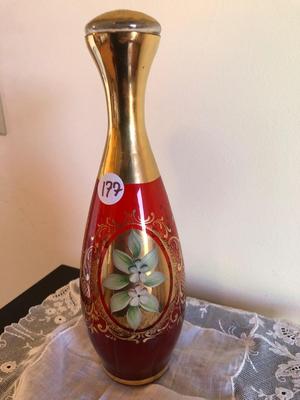 Vintage Murano Red and Gold Leaf Glass Decanter, Vase, and Shot Glasses