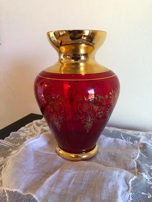 Vintage Murano Red and Gold Leaf Glass Decanter, Vase, and Shot Glasses
