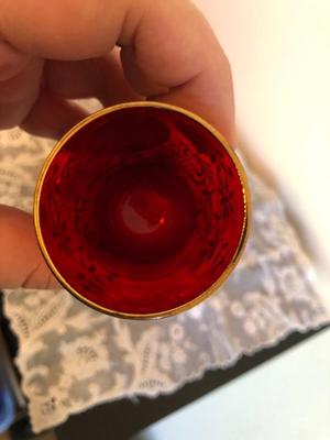 Vintage Murano Red and Gold Leaf Glass Decanter, Vase, and Shot Glasses