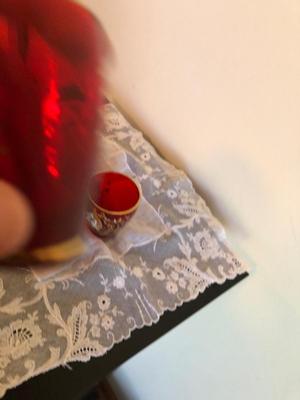 Vintage Murano Red and Gold Leaf Glass Decanter, Vase, and Shot Glasses