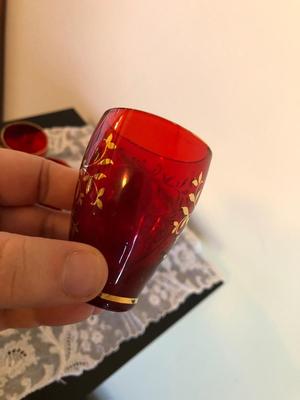 Vintage Murano Red and Gold Leaf Glass Decanter, Vase, and Shot Glasses