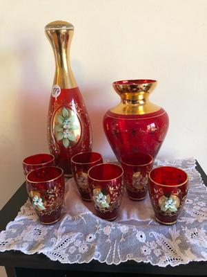 Vintage Murano Red and Gold Leaf Glass Decanter, Vase, and Shot Glasses