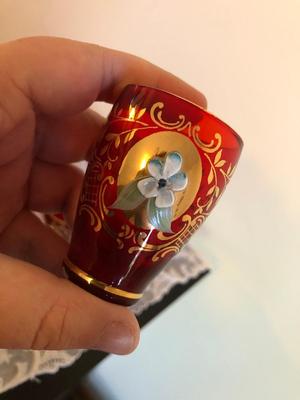 Vintage Murano Red and Gold Leaf Glass Decanter, Vase, and Shot Glasses