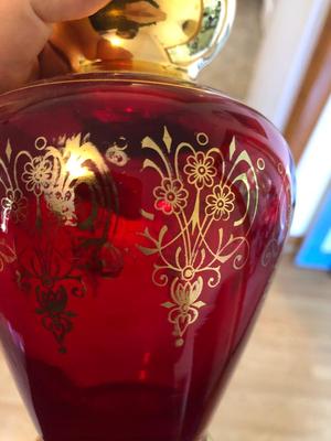 Vintage Murano Red and Gold Leaf Glass Decanter, Vase, and Shot Glasses