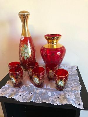 Vintage Murano Red and Gold Leaf Glass Decanter, Vase, and Shot Glasses