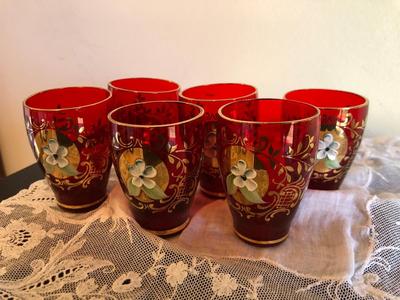 Vintage Murano Red and Gold Leaf Glass Decanter, Vase, and Shot Glasses
