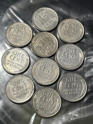 (10)-1943-P Circulated/Reprocessed Steel/Zinc Wartime Issue Lincoln Cents as Pictured.