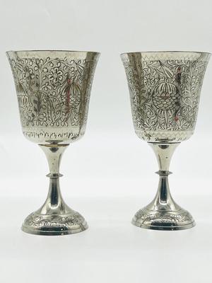 Pair World Gift ZY India Silver Plated Etched Brass Goblets