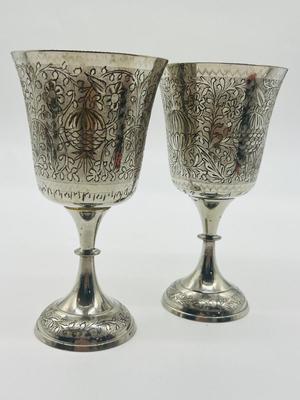 Pair World Gift ZY India Silver Plated Etched Brass Goblets