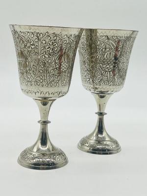 Pair World Gift ZY India Silver Plated Etched Brass Goblets