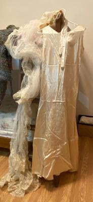 Vintage Wedding Gown, Beaded Veil, Gloves, and Stockings