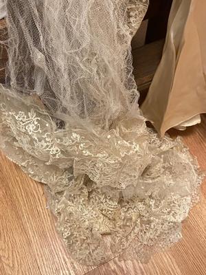 Vintage Wedding Gown, Beaded Veil, Gloves, and Stockings