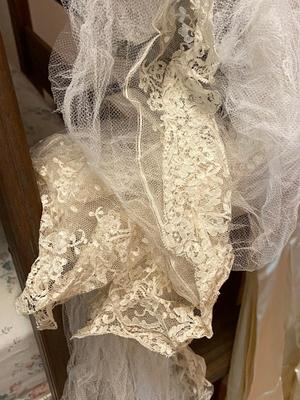 Vintage Wedding Gown, Beaded Veil, Gloves, and Stockings